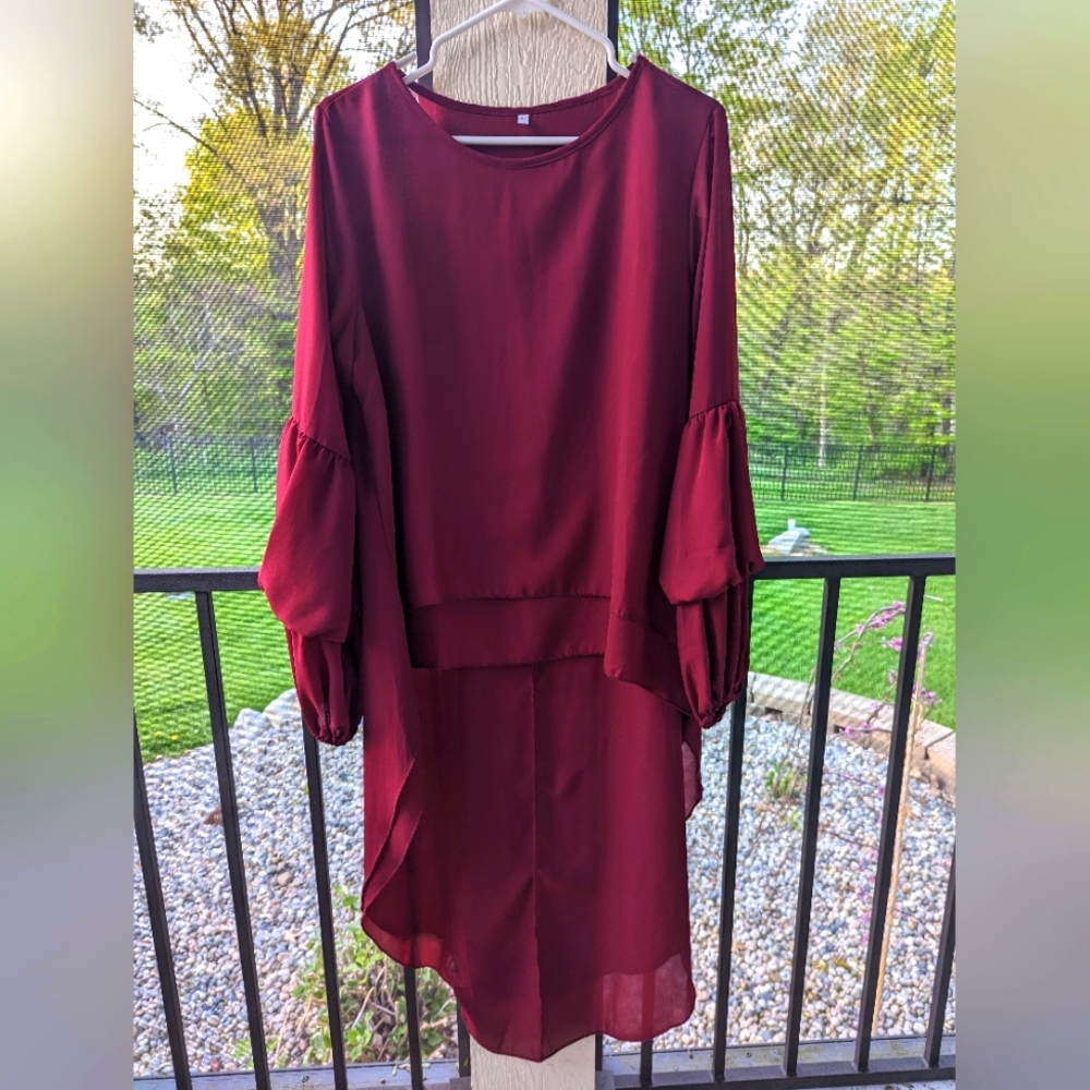 Deep red high low blouse with ruffle sleeves size large